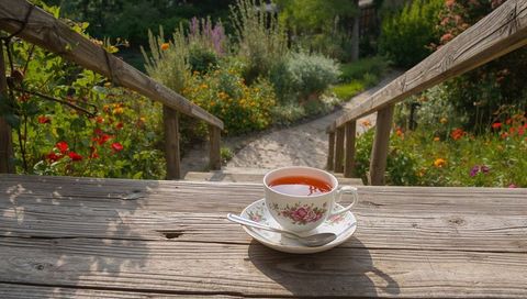 Steaming floral teacup sitting on weathered porch steps overlooking sunlit cottage garden
