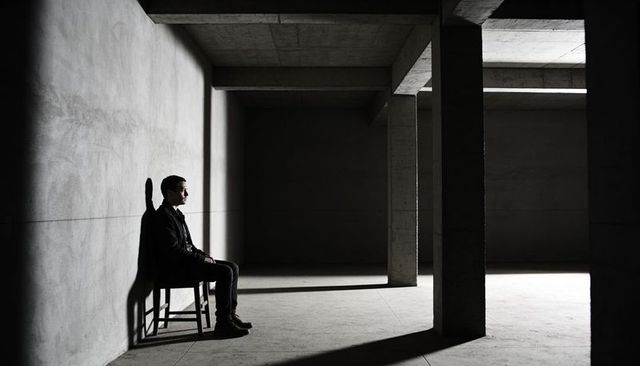 Man sitting on chair in concrete industrial interior casting long dramatic shadows