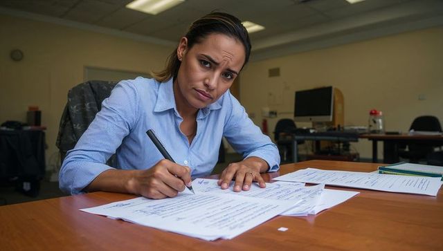 Frustrated businesswoman signing contract at office desk, leaning forward and concentrating