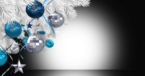 Festive Decorations with White Branches and Blue Ornaments