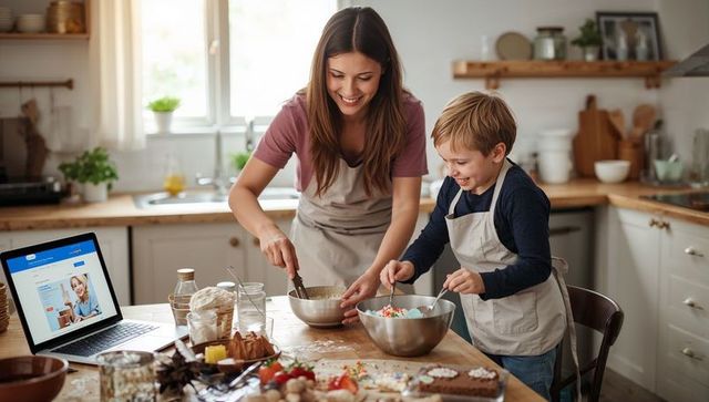 Mother and son baking together in rustic kitchen, mixing dough and decorating cookies