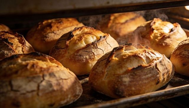 Rustic artisan boules baking in hot oven with crackled golden crust and steaming loaves