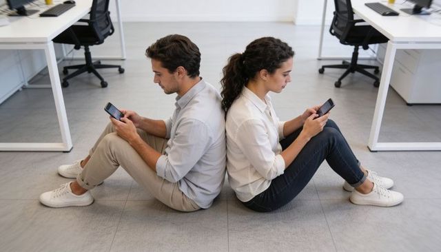 Young colleagues sitting back-to-back checking smartphones in modern open-plan office