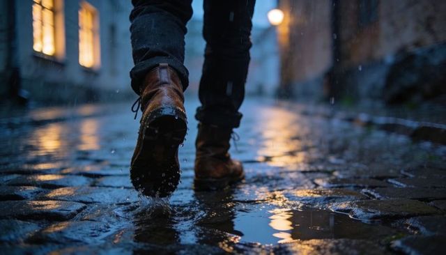 Walking rainy cobblestones: brown leather boots splashing puddles in warm window glow