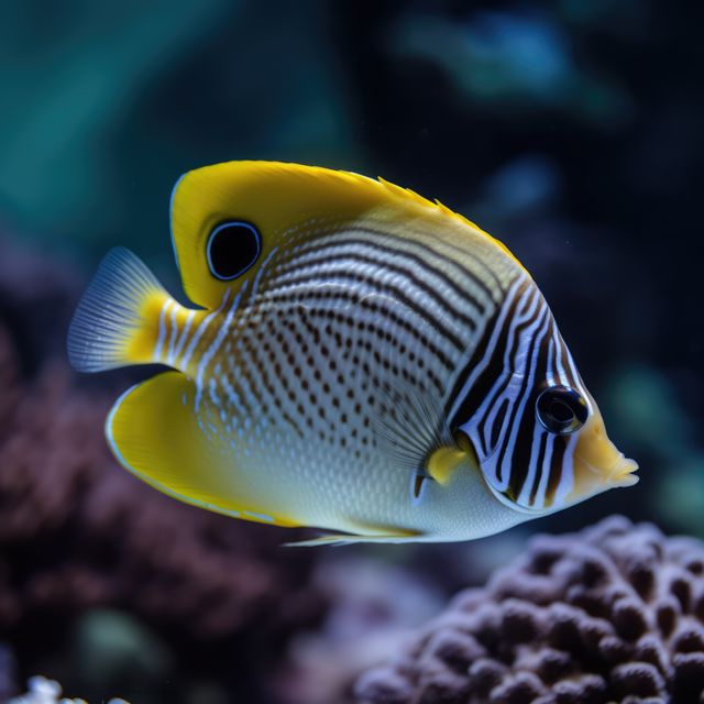 Colorful butterflyfish swimming gracefully amongst coral reef. Perfect for educational materials on marine biology, aquatic-themed calendar imagery, or ocean conservation campaigns.