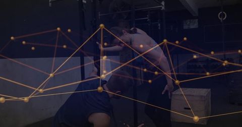 Trainer Assisting Hamstring Stretch with Data Visualization