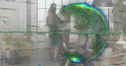 Startup team adjusting stationary bike in modern coworking studio with glitch overlay
