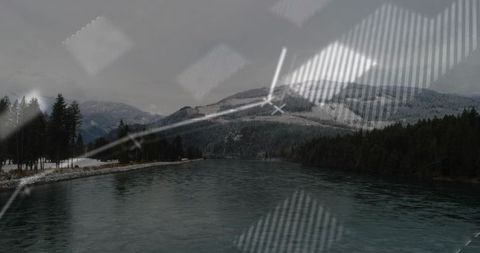 Serene River Flow with Digital Overlay Mountain View Landscape