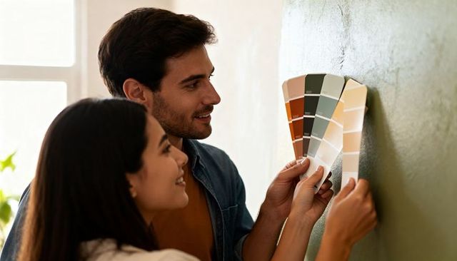 Couple comparing paint swatches on textured green wall during home renovation