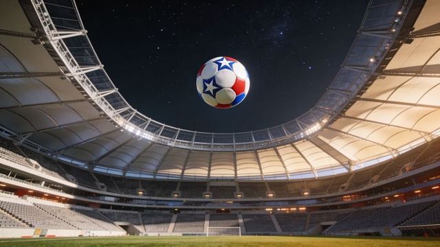 Red white blue soccer ball hovering over stadium pitch under night sky