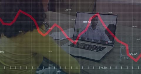 Financial analysis video call with declining chart overlay