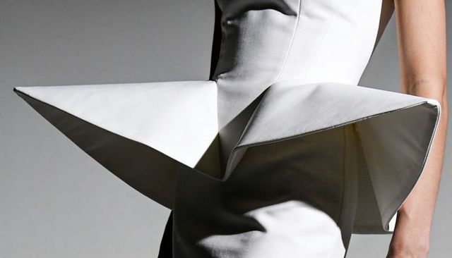 Sculptural white couture dress with geometric peplum panels and architectural silhouette