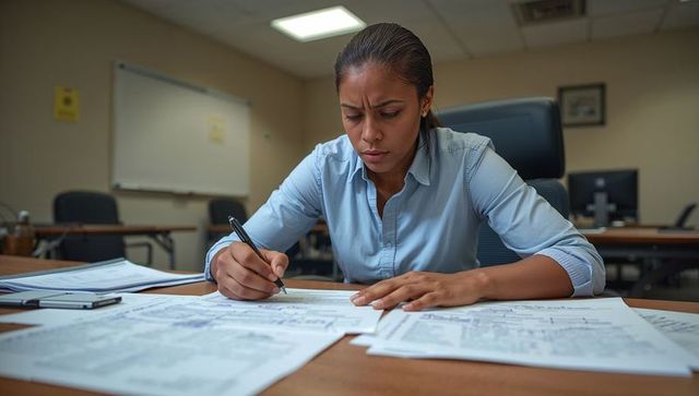 Professionally reviewing blueprints and marking engineering plans at boardroom table