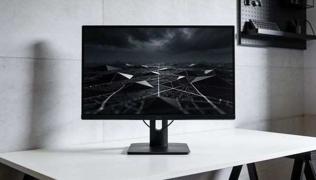 Minimalist workspace featuring wide monitor on black stand with geometric network display, clean whi