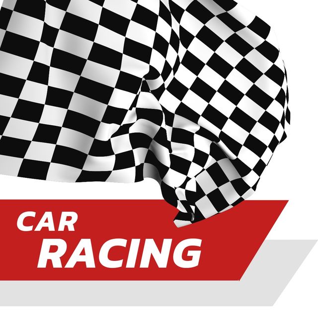 Dynamic graphic featuring a checkered flag and bold car racing text, ideal for motorsport event promotions, race day advertisements, automotive marketing materials, race-related merchandise design, and motorsport club banners.