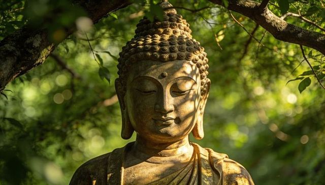 Bronze buddha statue basking in dappled sunlight among lush garden bokeh and tranquil grove