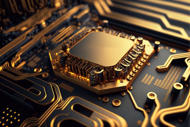 Detailed close-up showing microprocessor CPU on a circuit board with gold accents. Ideal for use in technology articles, IT presentations, hardware reviews, and cybersecurity promotions.