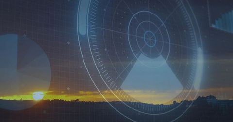 Futuristic radar hud overlaying sunset landscape with silhouette horizon