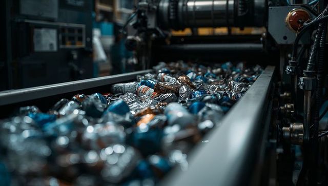 Conveyor belt moving crushed aluminum cans in recycling facility