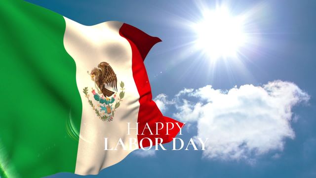 Ideal for celebrating Labor Day in Mexico, educational purposes about Mexican national holidays, or representing Mexican cultural events. The focus is on both the Mexican flag and the clear sky, symbolizing labor and national pride.