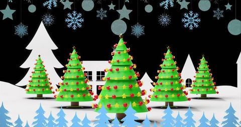 Festive Christmas Trees with Decorations in Winter Wonderland