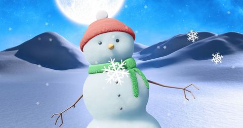 Snowman Waving Hand in Scenic Winter Wonderland