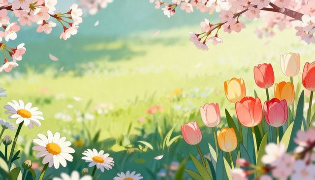 Sunlit spring meadow with blooming tulips, daisies and falling cherry blossom petals