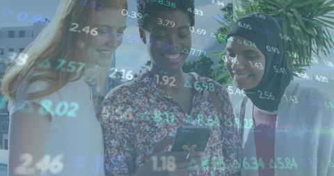 Diverse Women Exploring Stock Market Data on Smartphone Outdoors