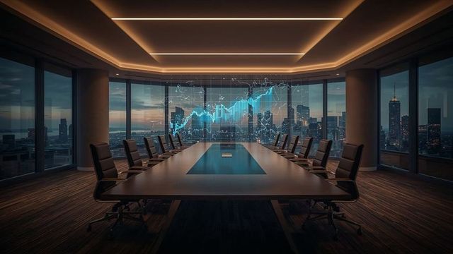 Boardroom Meeting with Holographic Financial Chart Visualization