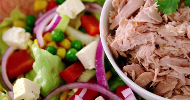 Close up of fresh salad and bowl of tuna with copy space - Download Free Stock Photos Pikwizard.com