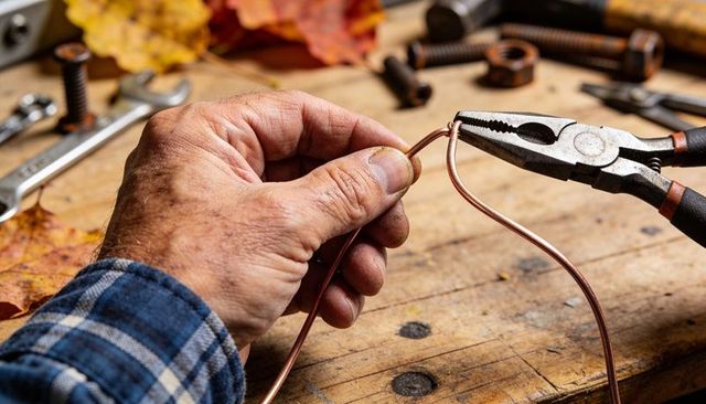 Holding pliers bending copper wire on rustic wooden workbench with autumn leaves and tools