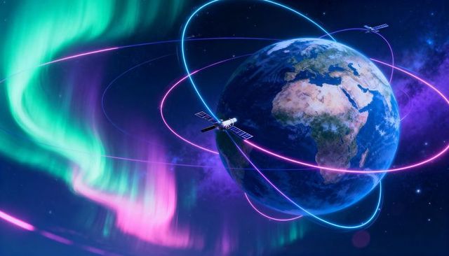 Satellites circling earth in low orbit with neon orbit trails and aurora glow
