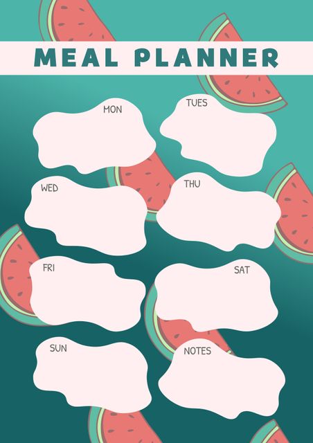 A vibrant meal planner template designed with watermelon slice illustrations and blank text spaces. Perfect for organizing weekly meals including breakfast, lunch, and dinner. Ideal for use as an appetizer in blogs, newsletters, and social media content about cooking and healthy eating. A practical tool for meal preparation that can be customized and printed for home kitchen use.