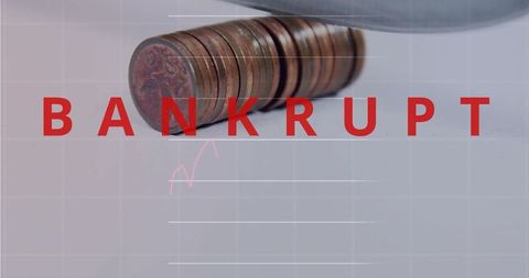 Displaying Copper Coin Stack Under Knife with Red BANKRUPT Text and Financial Grid
