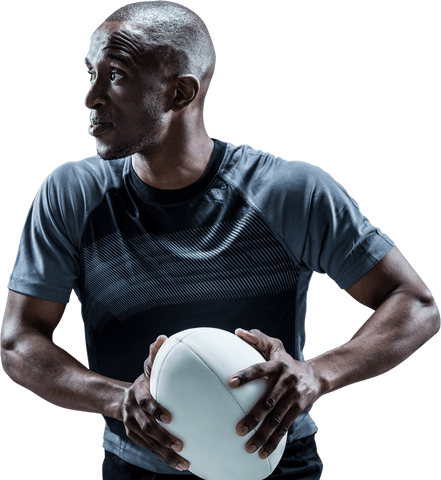 Rugby player holding ball, concentrated expression, transparent background