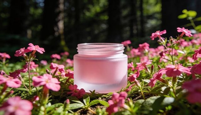 Frosted glass jar sitting on moss among pink flowers in sunlit forest for cosmetic mockup