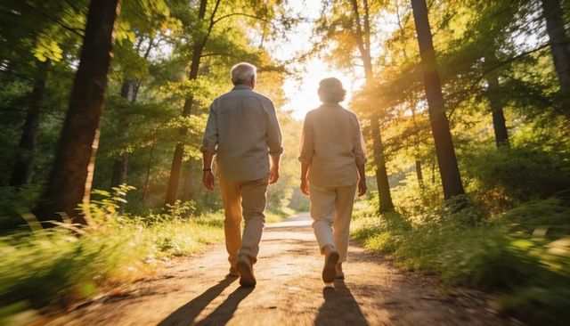 Senior Couple Walking Sunlit Forest Trail at Golden Hour, Active Retirement Lifestyle