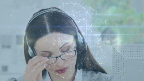 Businesswoman with Headset Navigating Digital Network Interface