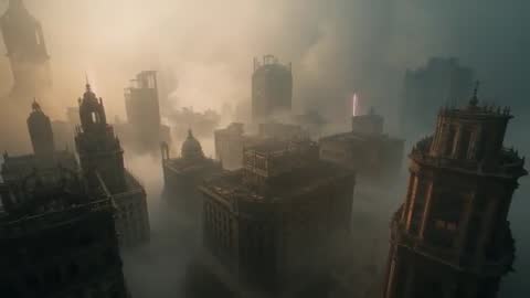 Futuristic City with Lightning in Mysterious Fog