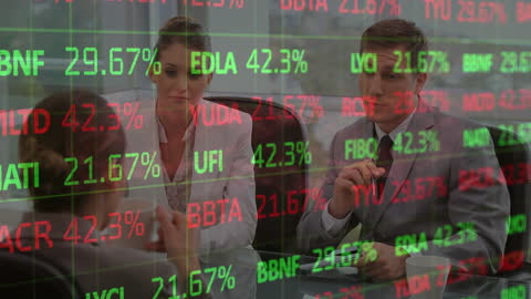 Business Meeting with Stock Market Projections Overlay