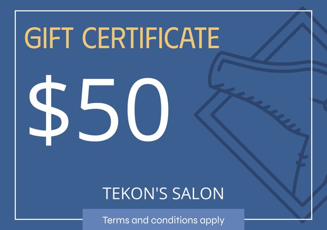 Perfect for presenting a $50 salon gift certificate. Can be used in marketing materials, advertisements, or social media posts to promote gift services for special occasions, holidays, or celebrations at a beauty salon. The blue background and simple design make it suitable for print or digital media.