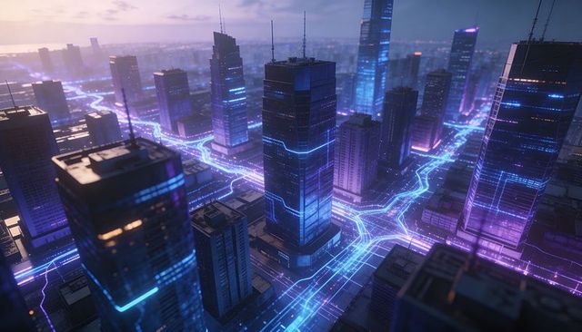 Neon grid metropolis at dusk with glowing central skyscraper emitting light bands