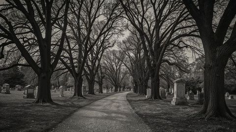 Serene cemetery pathway with gravestones and majestic trees