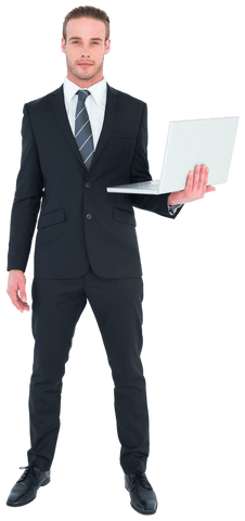 Serious transparent businessman holding laptop for presentation