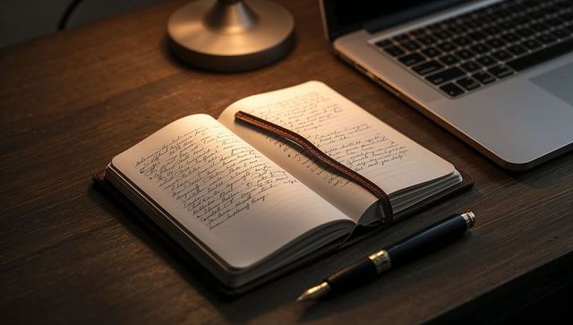 Recording in open leather journal with fountain pen on wooden desk beside laptop lamp