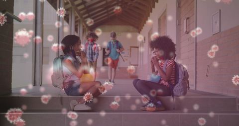 Children social distancing with covid-19 virus overlay