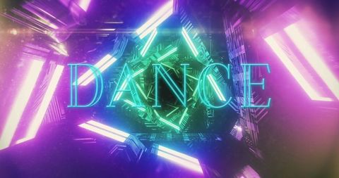 Glowing neon dance text in futuristic 3d tunnel environment