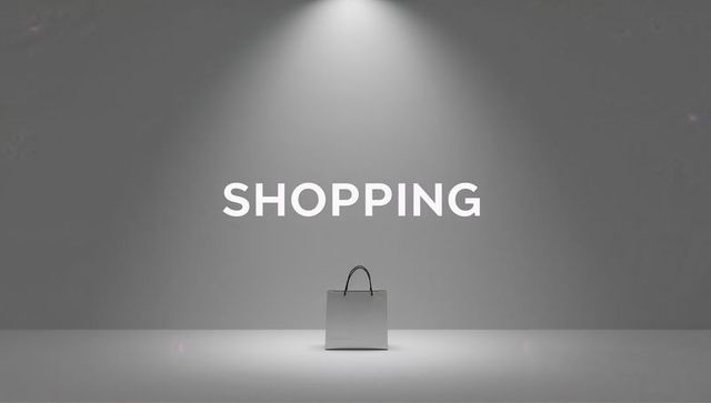 Minimalist Shopping Bag Under Spotlight on Reflective Floor with SHOPPING Wall Text