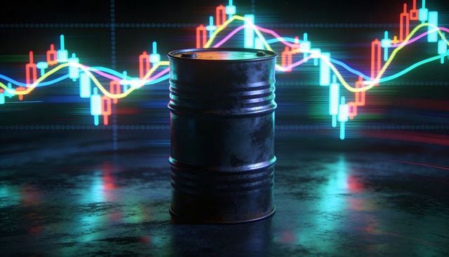 Rusted Oil Barrel with Neon Candlestick Chart Symbolizing Volatile Energy Markets