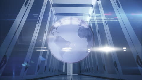 Digital Data Processing in Server Room with Projected Globe